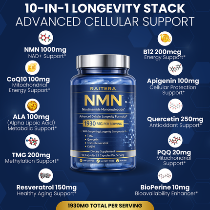 NMN Supplement 1000mg – 10 in 1 Advanced NAD+ Support with Quercetin, TMG, Resveratrol, ALA, CoQ10 & Apigenin – NMNH Alternative for Women & Men – Supports Cellular Energy & NAD+ Levels