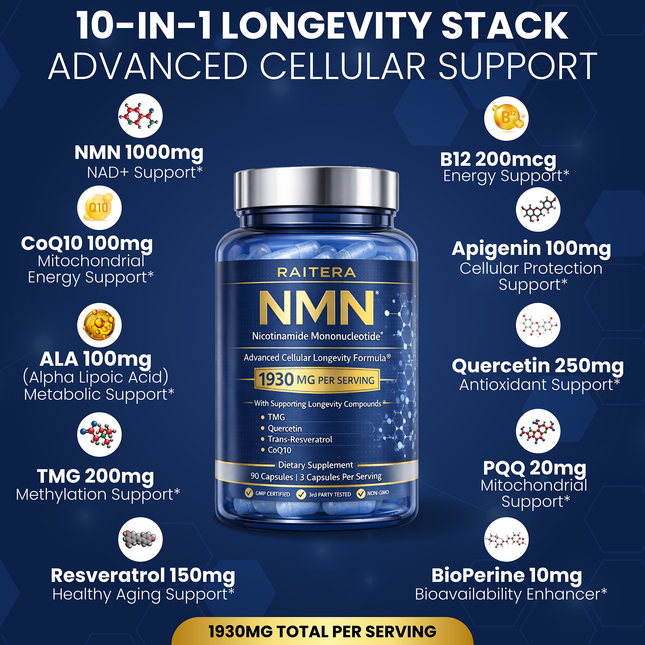 NMN Supplement 1000mg – 10 in 1 Advanced NAD+ Support with Quercetin, TMG, Resveratrol, ALA, CoQ10 & Apigenin – NMNH Alternative for Women & Men – Supports Cellular Energy & NAD+ Levels