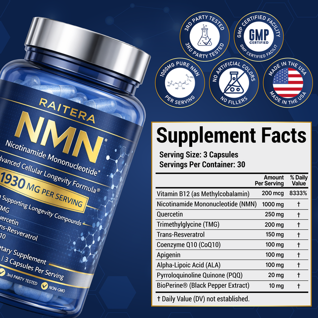 NMN Supplement 1000mg – 10 in 1 Advanced NAD+ Support with Quercetin, TMG, Resveratrol, ALA, CoQ10 & Apigenin – NMNH Alternative for Women & Men – Supports Cellular Energy & NAD+ Levels